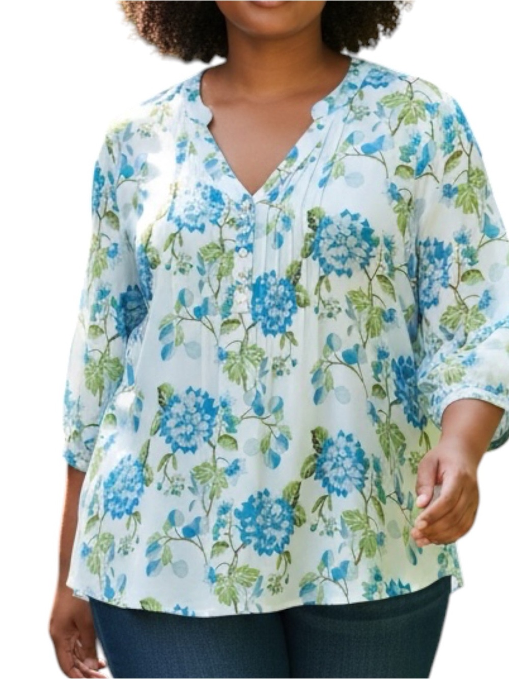 Rose & Olive Sz XXL 2X Blue Green Pleated Front 3/4 Sleeve Floral Blouse